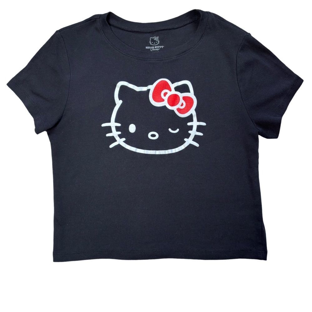 Hello Kitty Face Outline Cropped Short Sleeve Junior’s Adult T-Shirt